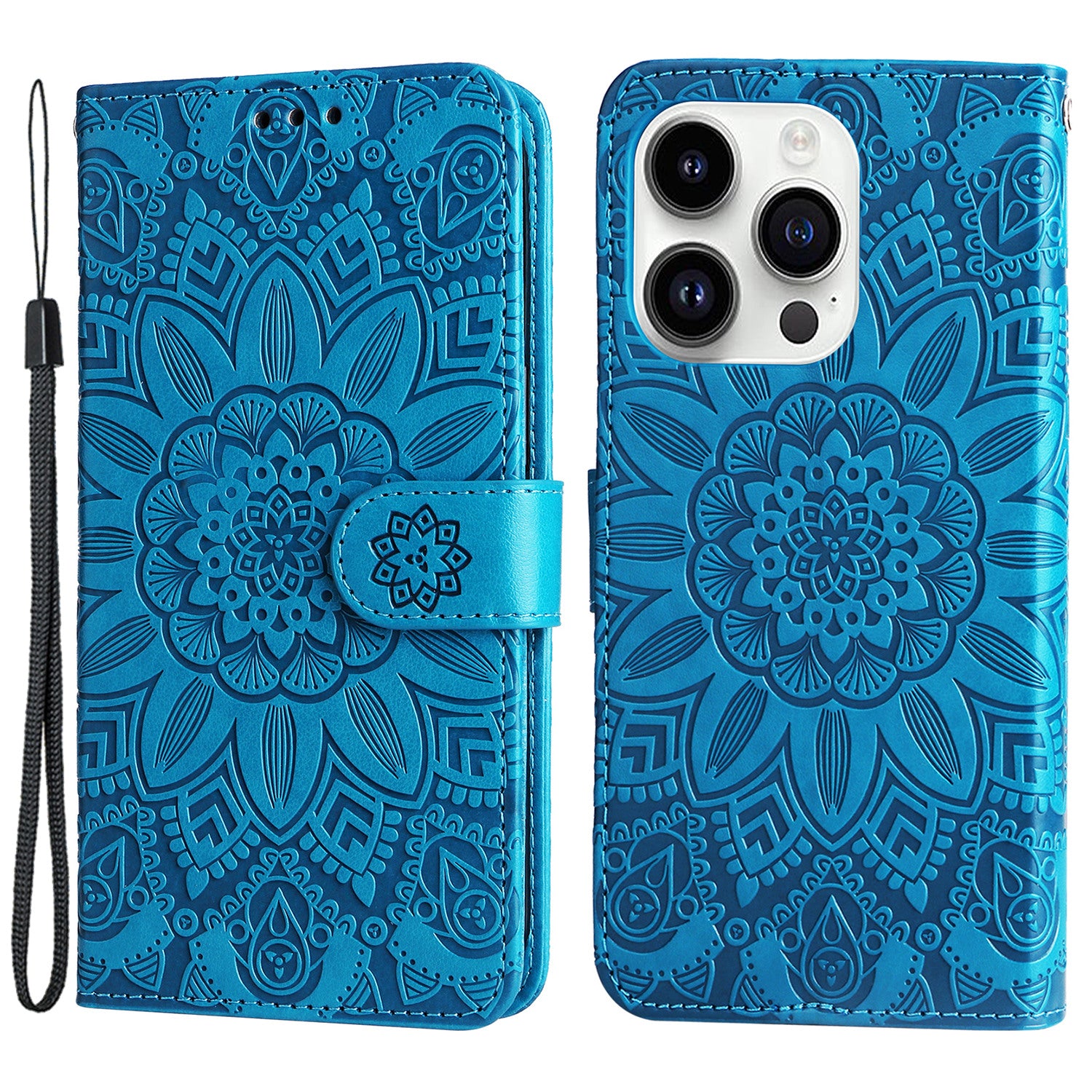 Uniqkart for iPhone 15 Pro Max Phone Stand PU Leather Cover Shockproof Sunflower Imprinted Wallet Case - Blue Uniqkart for iPhone 15 Pro Max Phone Stand PU Leather Cover Shockproof Sunflower Imprinted Wallet Case - Blue